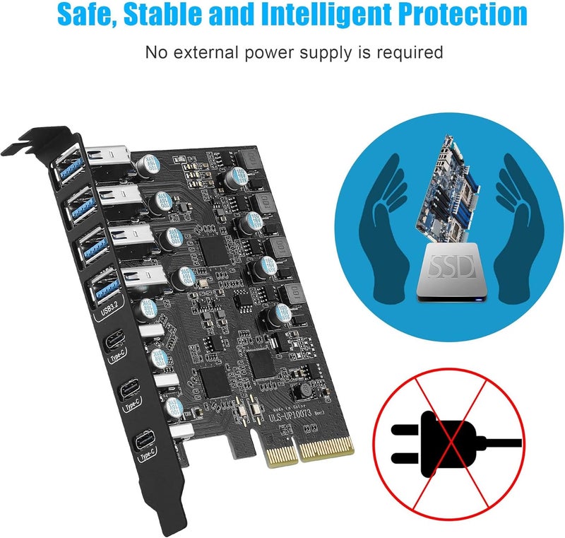 FANBLACK بطاقة PCIe إلى USB 3.2 Gen 2 مع عرض نطاق 20 جيجابت في الثانية و 7 منافذ USB (4 منفذ USB Type-A و 3 منفذ Type-C)، بطاقة توسيع PCI Express (PCIe) لجهاز الكمبيوتر المكتبي - Image 5
